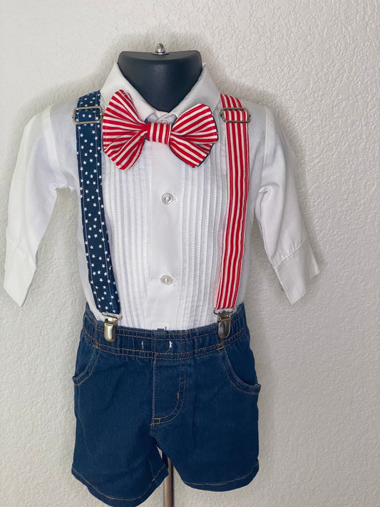 American flag bowtie and suspenders. Available in many sizes and variations. Customizable. fashionable way to show your patriotism!