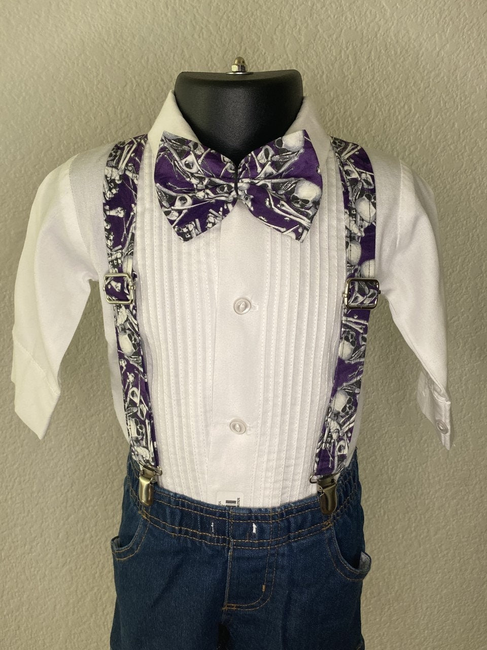 Halloween Skeleton Skull Purple suspenders and bow tie / Infant, Toddler, Child, Teen, Adult, Big & Tall