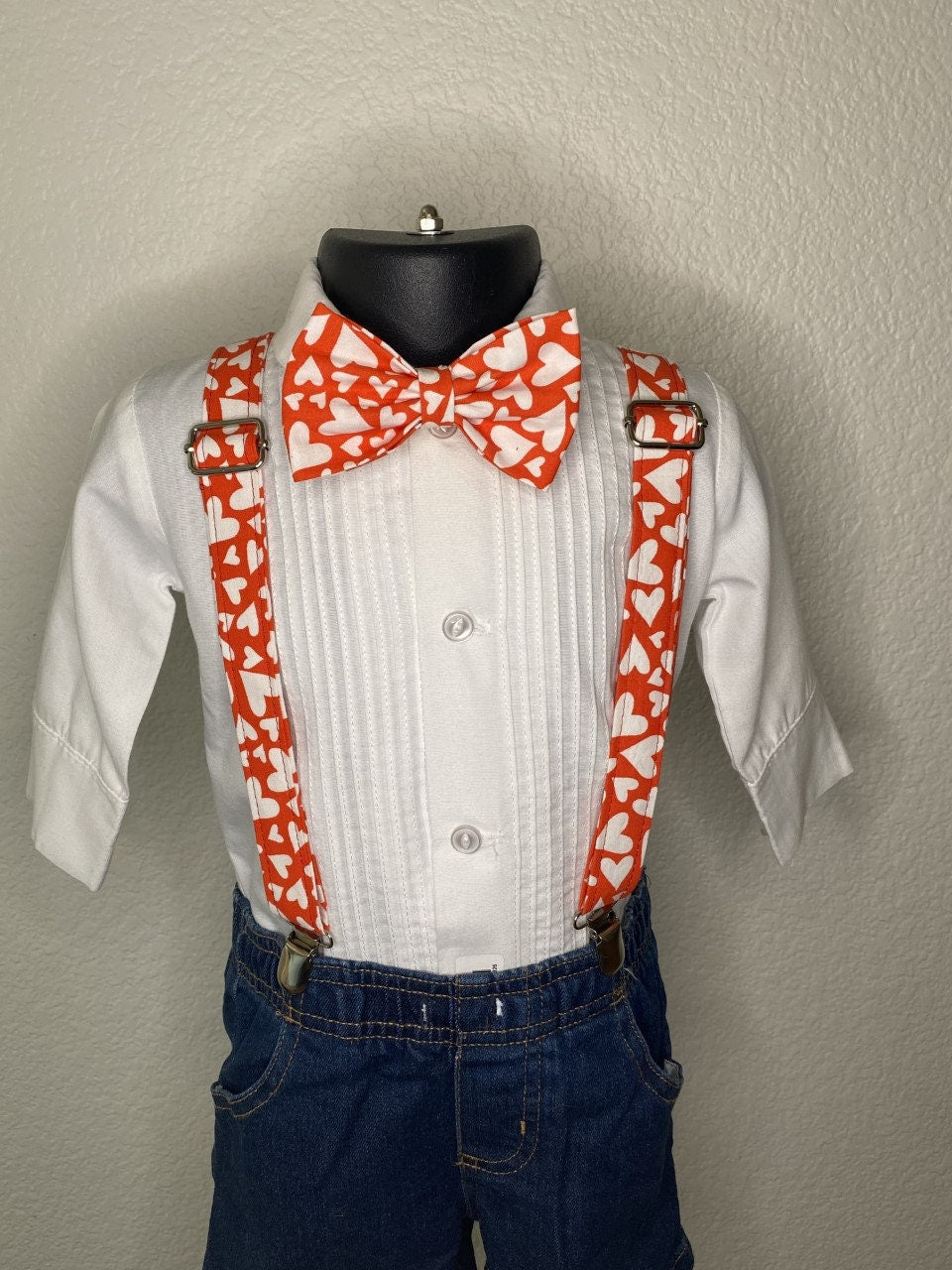 Red and white hearts bow tie and suspenders custom adjustable Velcro birthday outfit photo prop bowtie Wedding special occasion church
