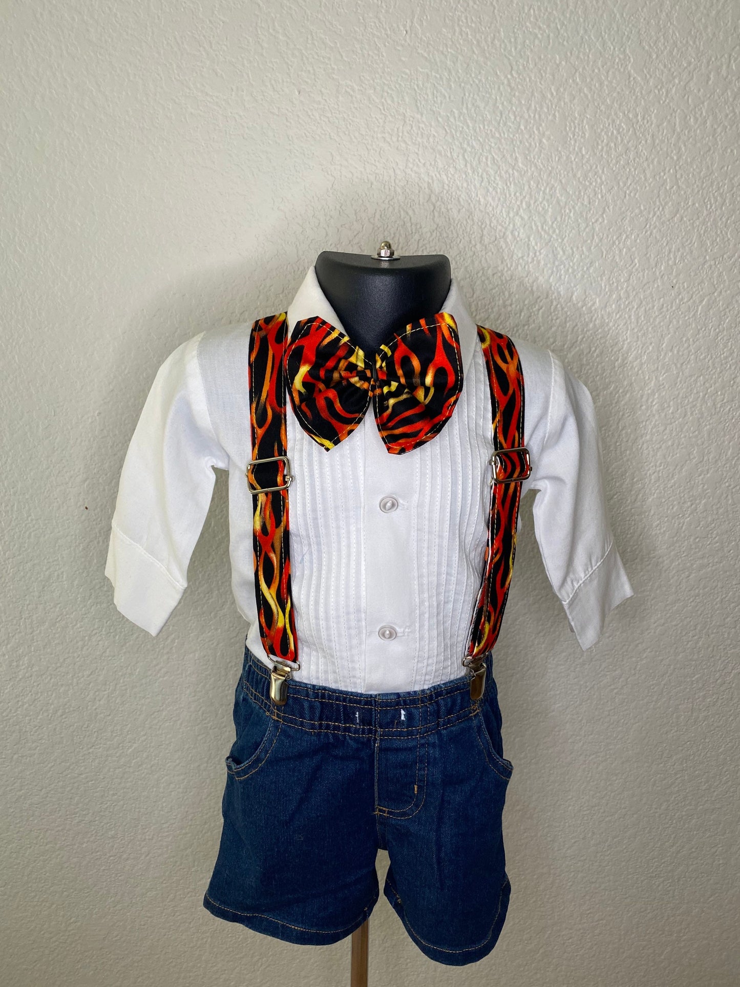 Flames suspenders and bow tie / Infant, Toddler, Child, Teen, Adult, Big & Tall