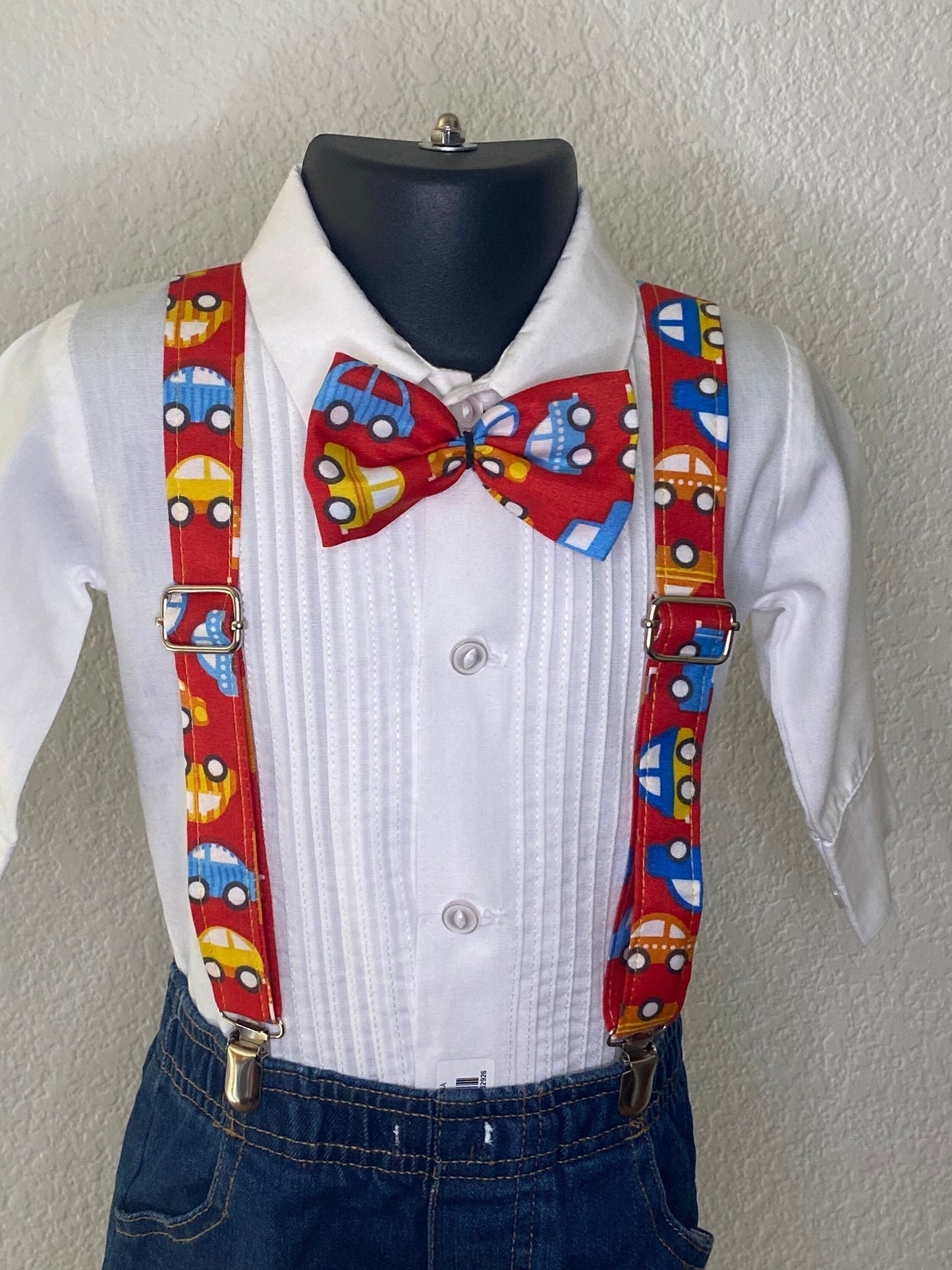 Toy cars suspenders and bow tie / Infant, Toddler, Child, Teen, Adult, Big & Tall