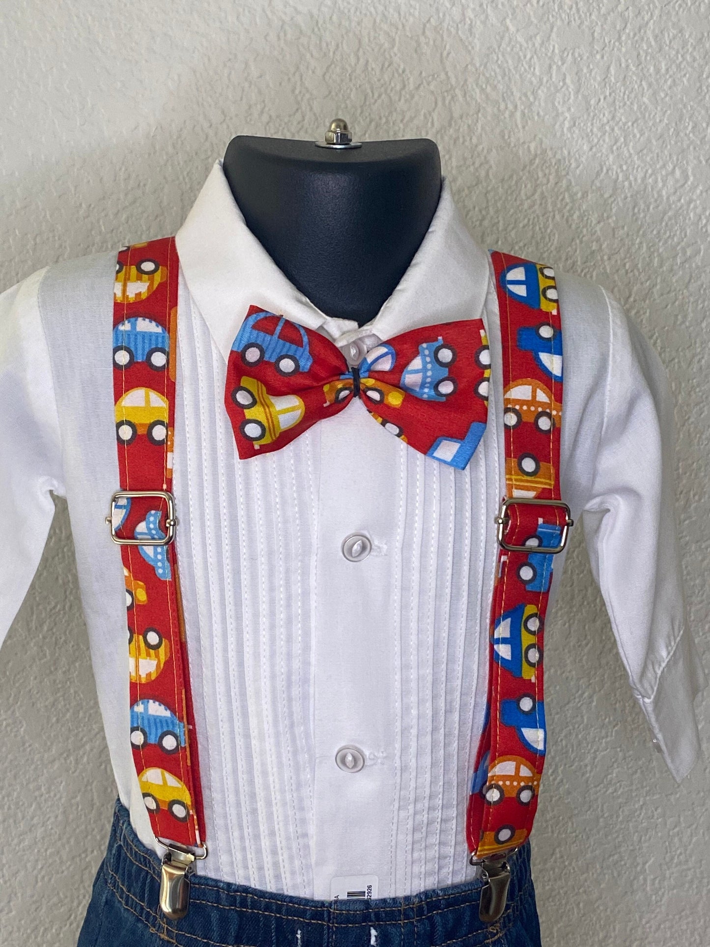 Toy cars suspenders and bow tie / Infant, Toddler, Child, Teen, Adult, Big & Tall